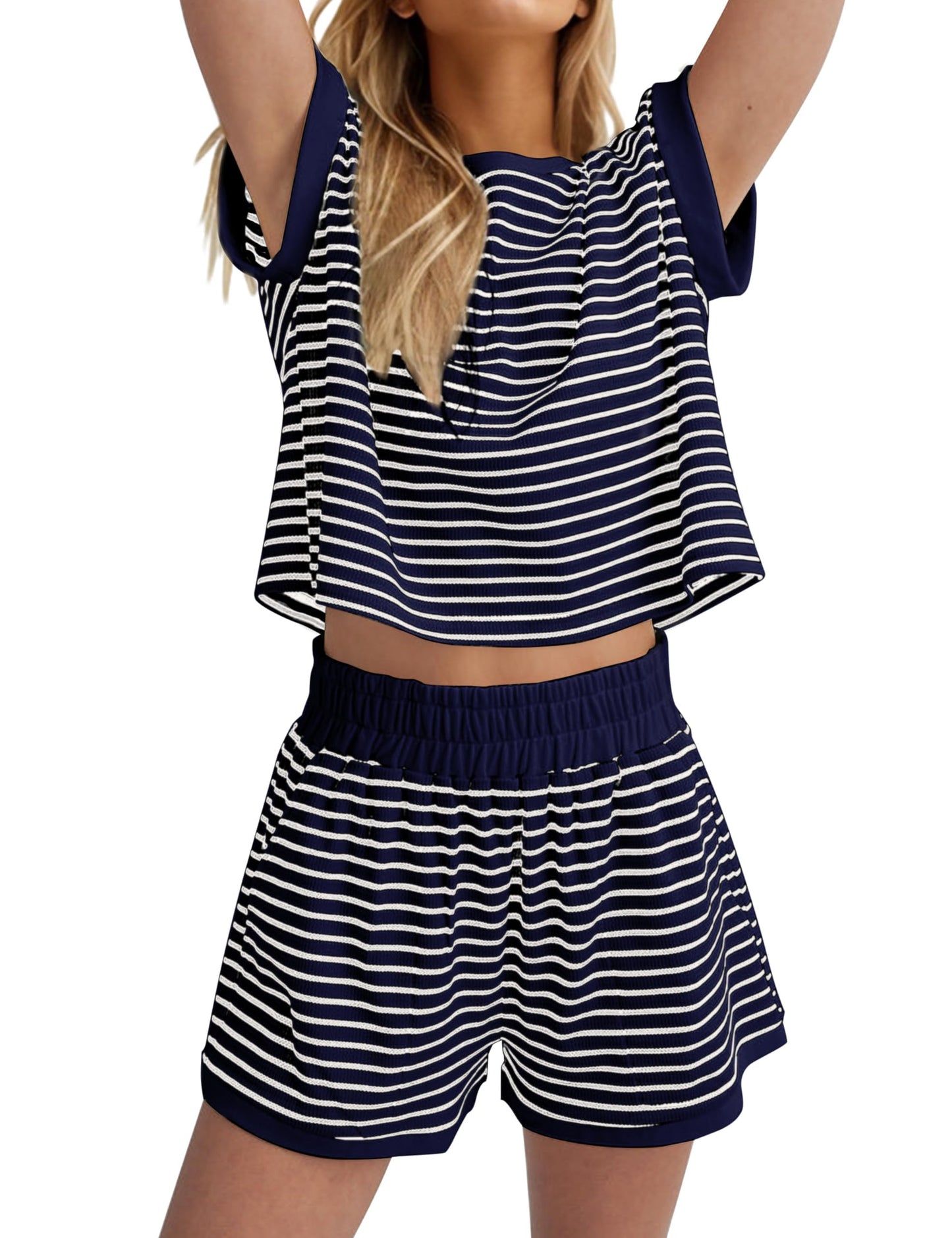 Women Summer 2 Piece Lounge Sets Striped Short Sleeve Tee Shirts Mini Shorts Loungewear Shorts Set Ribbed Pajama Set