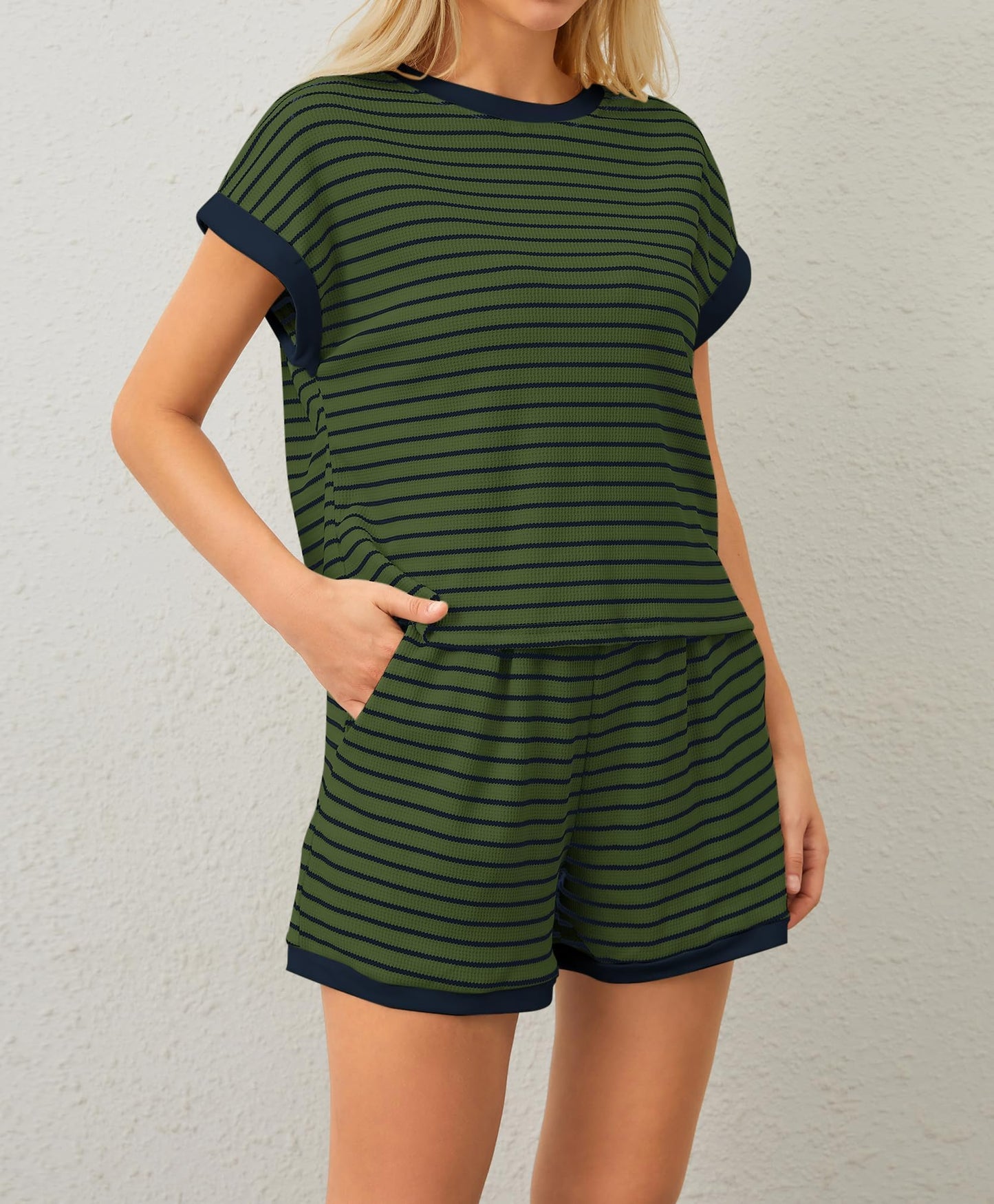 Women Summer 2 Piece Lounge Sets Striped Short Sleeve Tee Shirts Mini Shorts Loungewear Shorts Set Ribbed Pajama Set