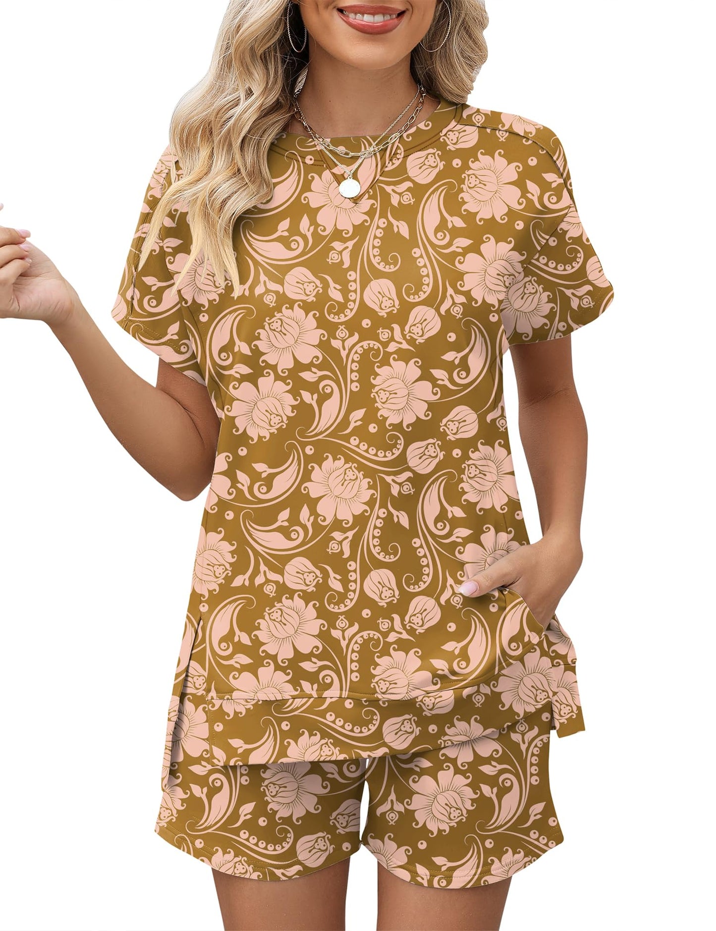 LOMON Womens Fashion 2 Piece Outfits Sweatsuits 2025 Summer Short Sleeve Loungewear Tracksuit Round Neck Lounge Shorts Sets