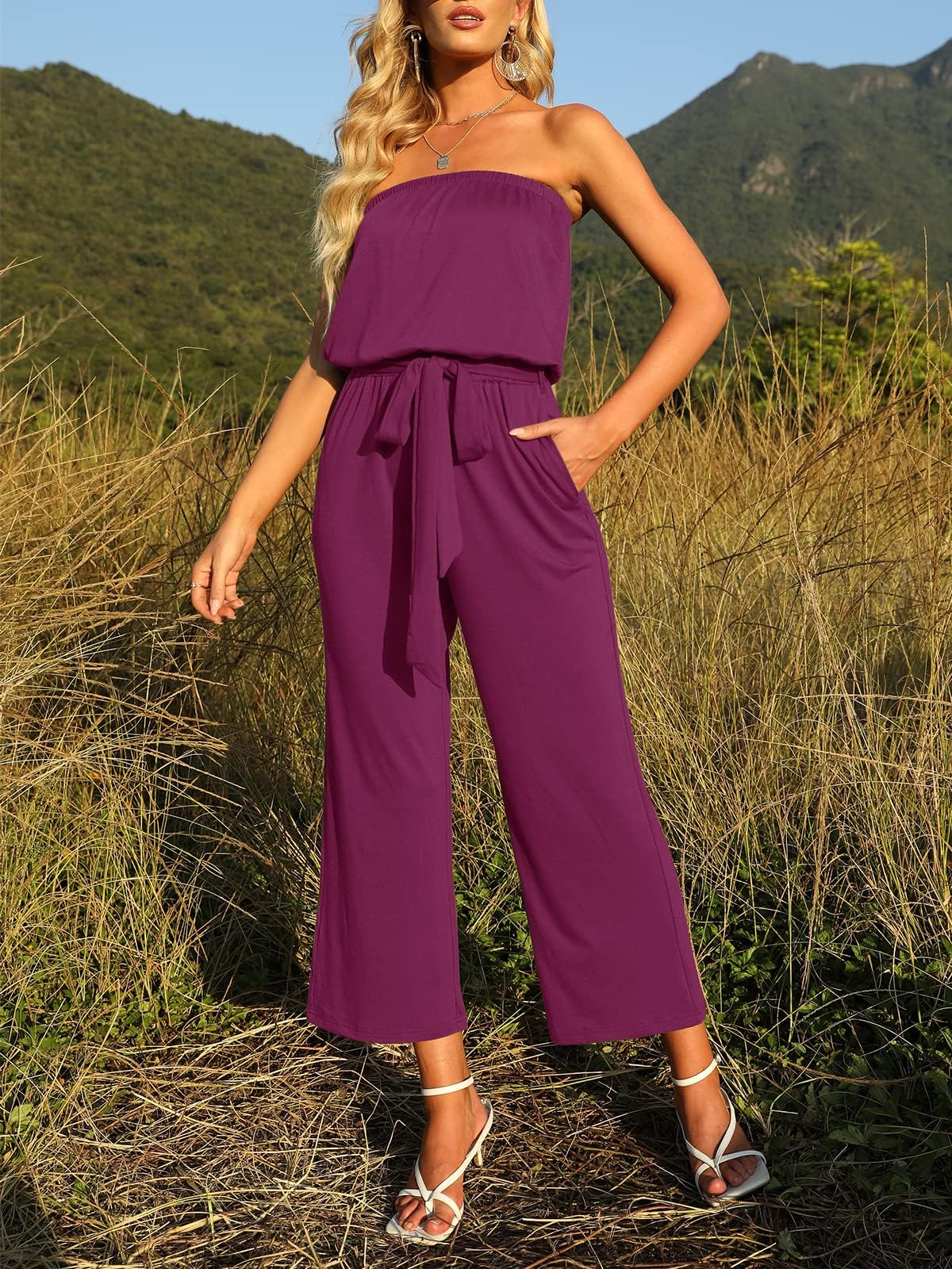 Strapless Belted Wide Leg Jumpsuit