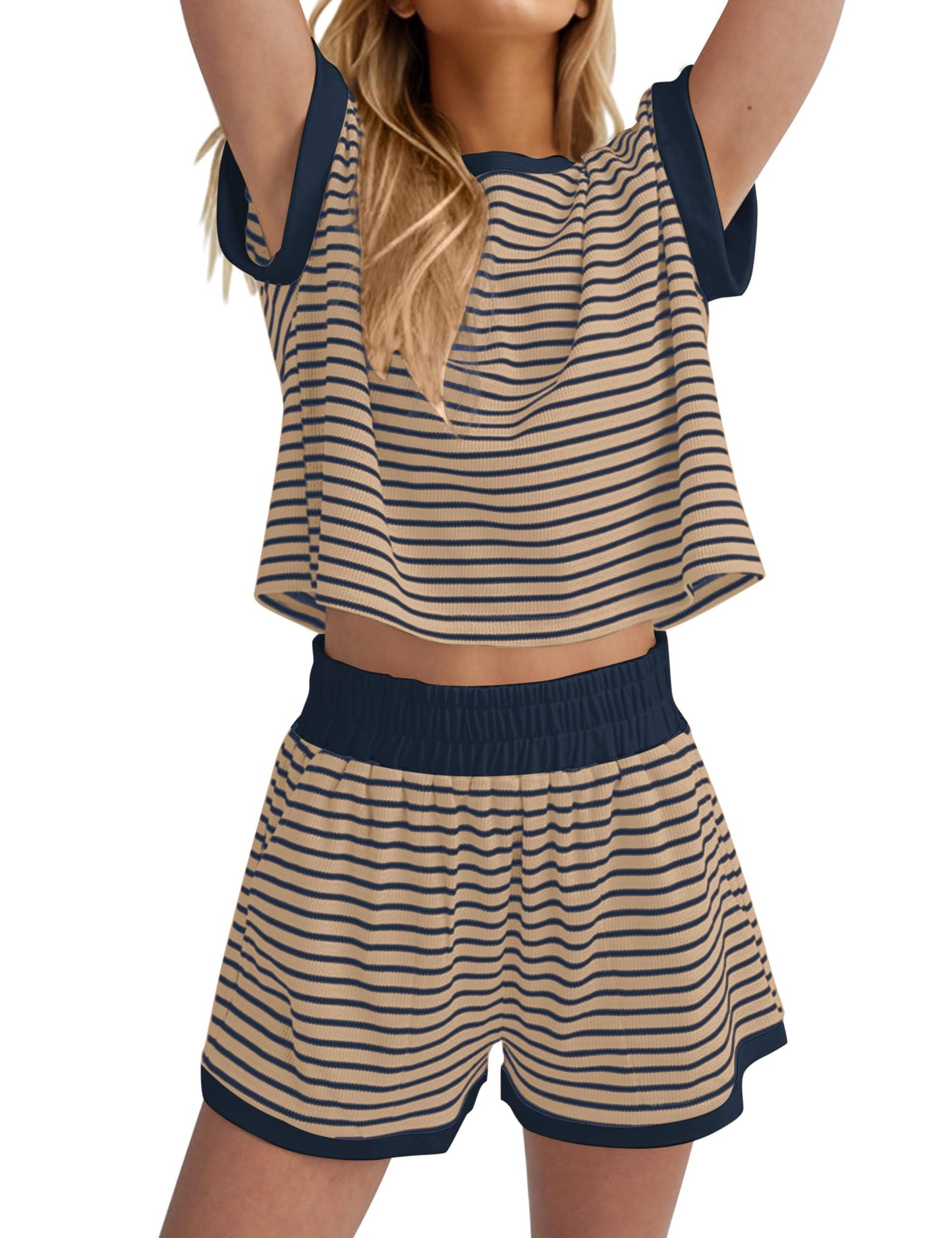 Women Summer 2 Piece Lounge Sets Striped Short Sleeve Tee Shirts Mini Shorts Loungewear Shorts Set Ribbed Pajama Set