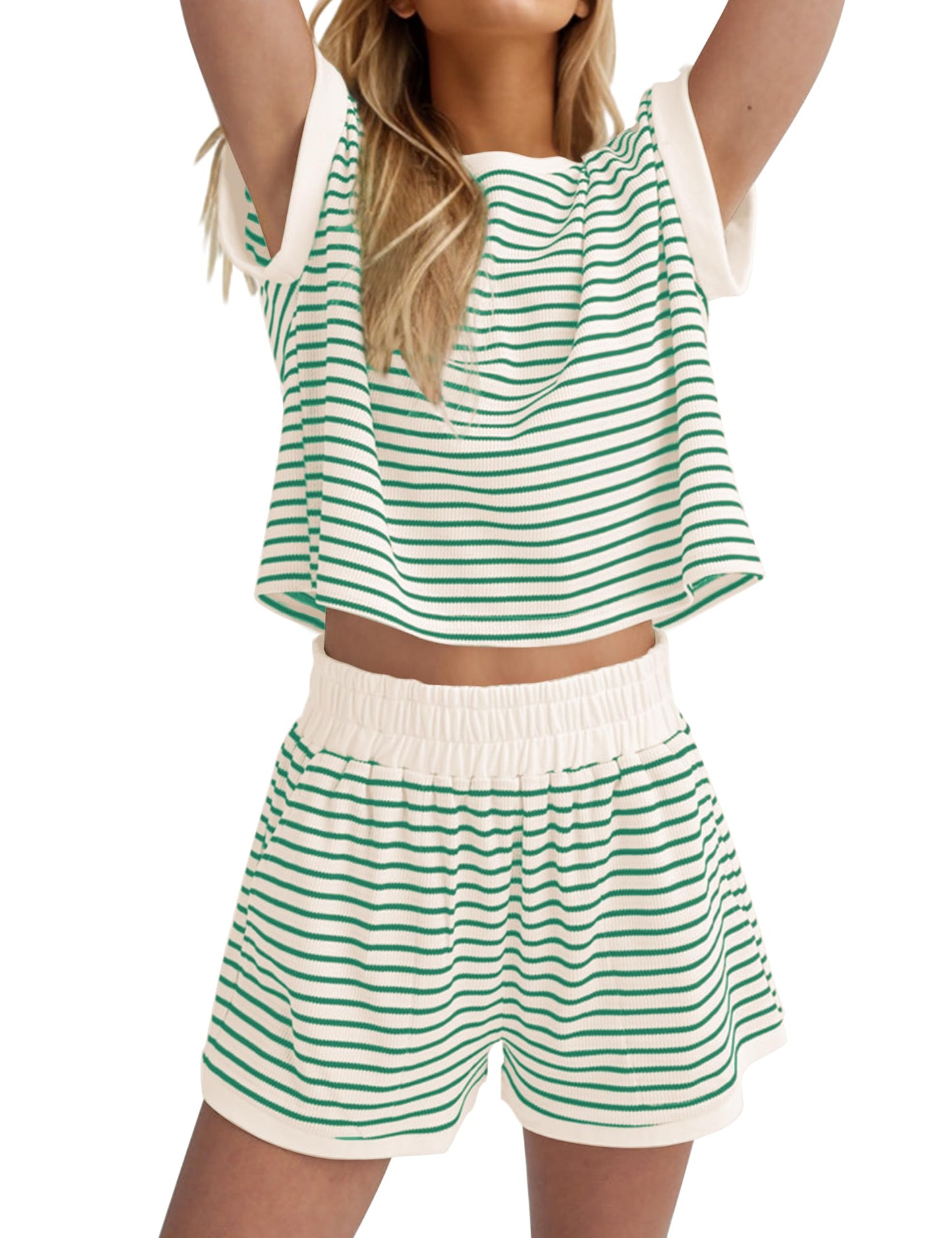 Women Summer 2 Piece Lounge Sets Striped Short Sleeve Tee Shirts Mini Shorts Loungewear Shorts Set Ribbed Pajama Set