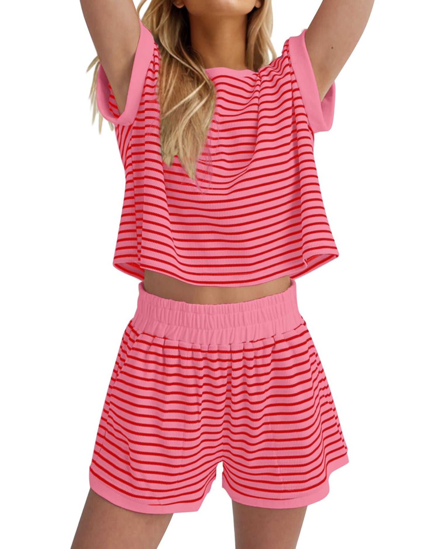 Women Summer 2 Piece Lounge Sets Striped Short Sleeve Tee Shirts Mini Shorts Loungewear Shorts Set Ribbed Pajama Set
