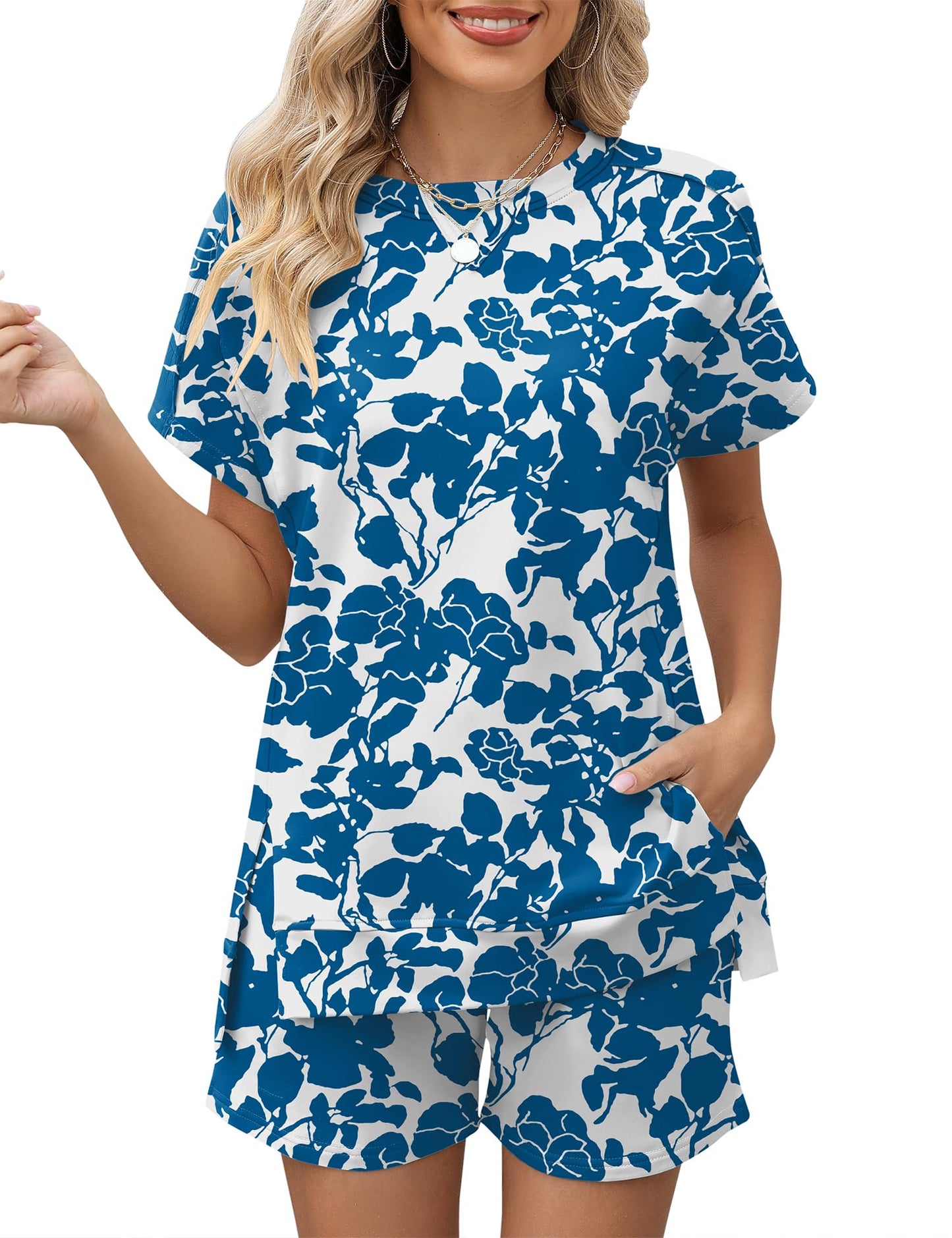 LOMON Womens Fashion 2 Piece Outfits Sweatsuits 2025 Summer Short Sleeve Loungewear Tracksuit Round Neck Lounge Shorts Sets