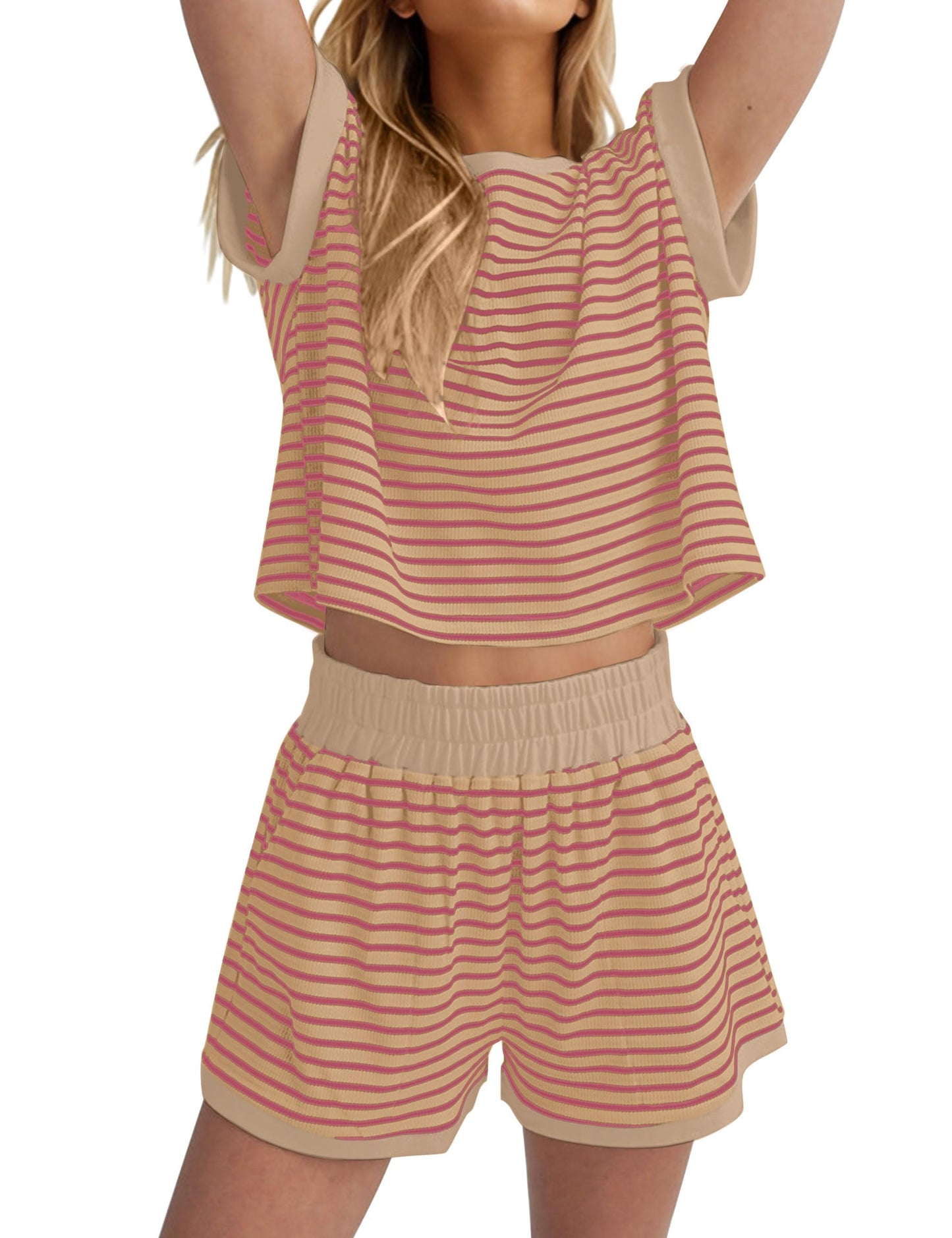 Women Summer 2 Piece Lounge Sets Striped Short Sleeve Tee Shirts Mini Shorts Loungewear Shorts Set Ribbed Pajama Set