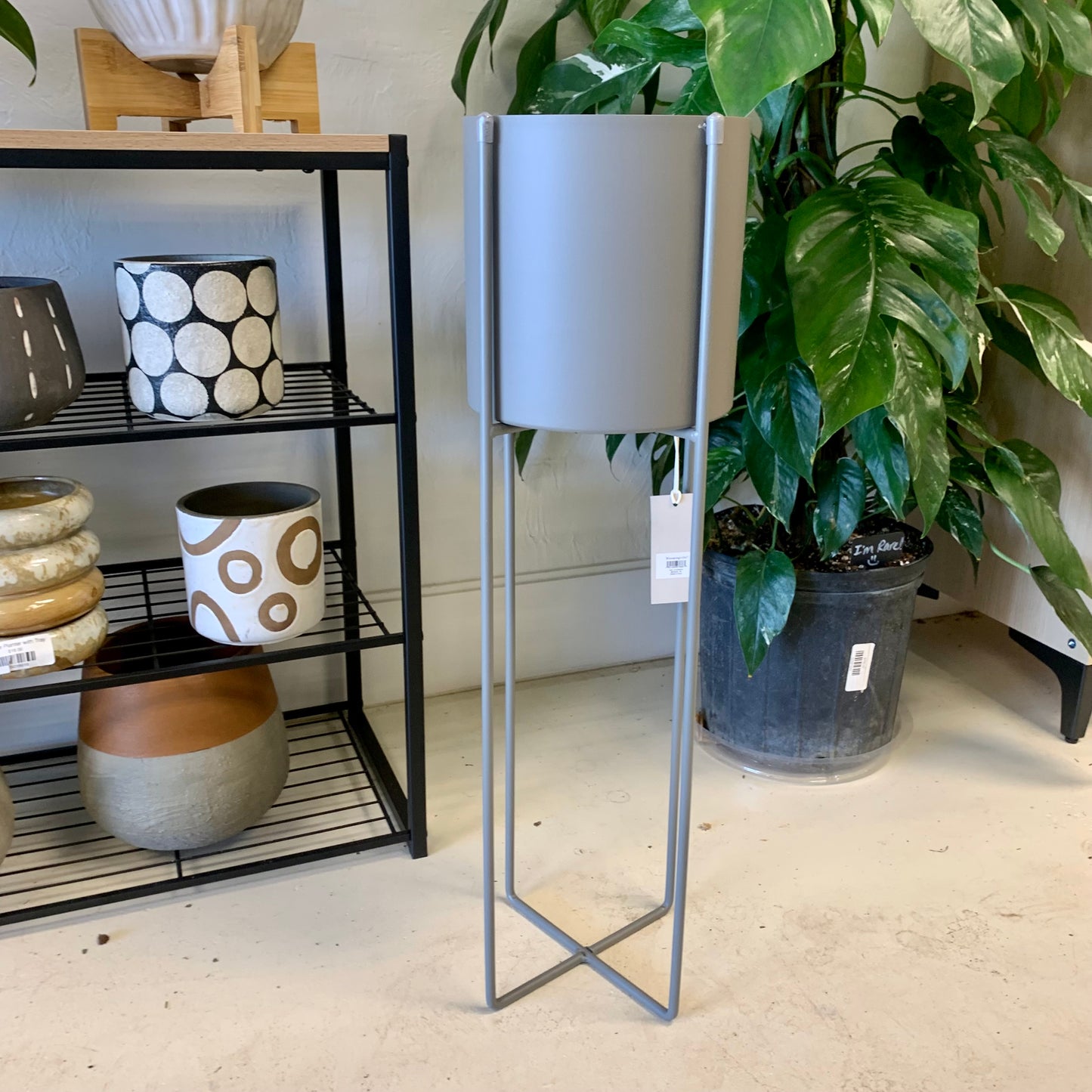 Gray Metal Planter with Stand